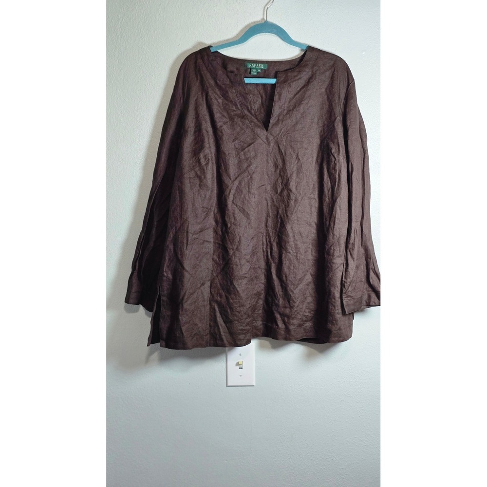 Lauren Ralph Lauren Tunic Blouse 1X Brown Linen Split V-Neck Long Sleeve Top